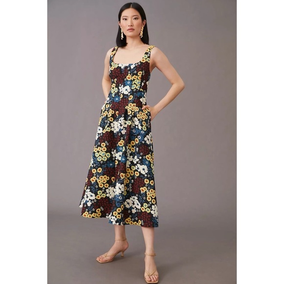 Anthro Maeve Marigold Floral jacquard Midi Dress Sleeveless Scoop Neck 12 Large - Picture 5 of 17